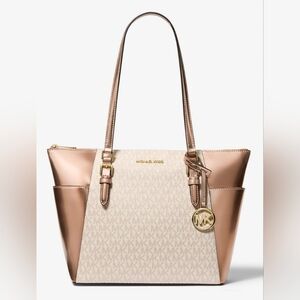 NWT Michael Kors Charlotte Signature Logo Rose Metallic Top-Zip Tote Bag Large